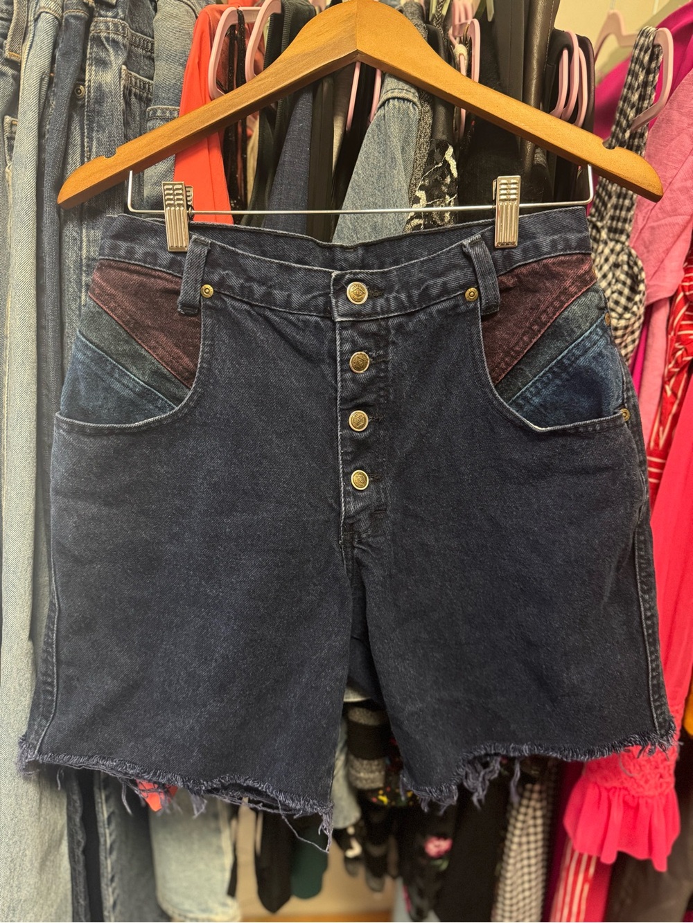 Vintage 80s Zena Colorblock Denim Shorts High Waisted Button Fly Cutoffs